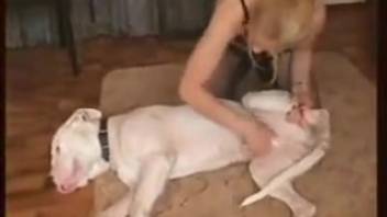 Sexy babe in high heels bangs a lively white dog