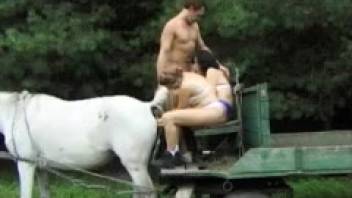 Incredible sex scene featuring a bestiality threesome with their female horse