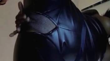 Ebony babe in leather gets pounded doggy style